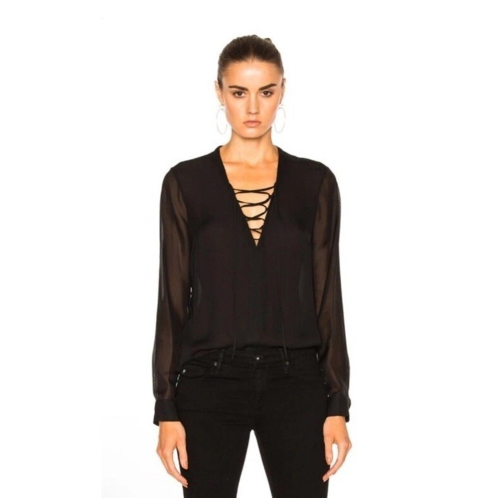 L'Agence Ynez Silk Front Lace Up Blouse Black Womens Medium